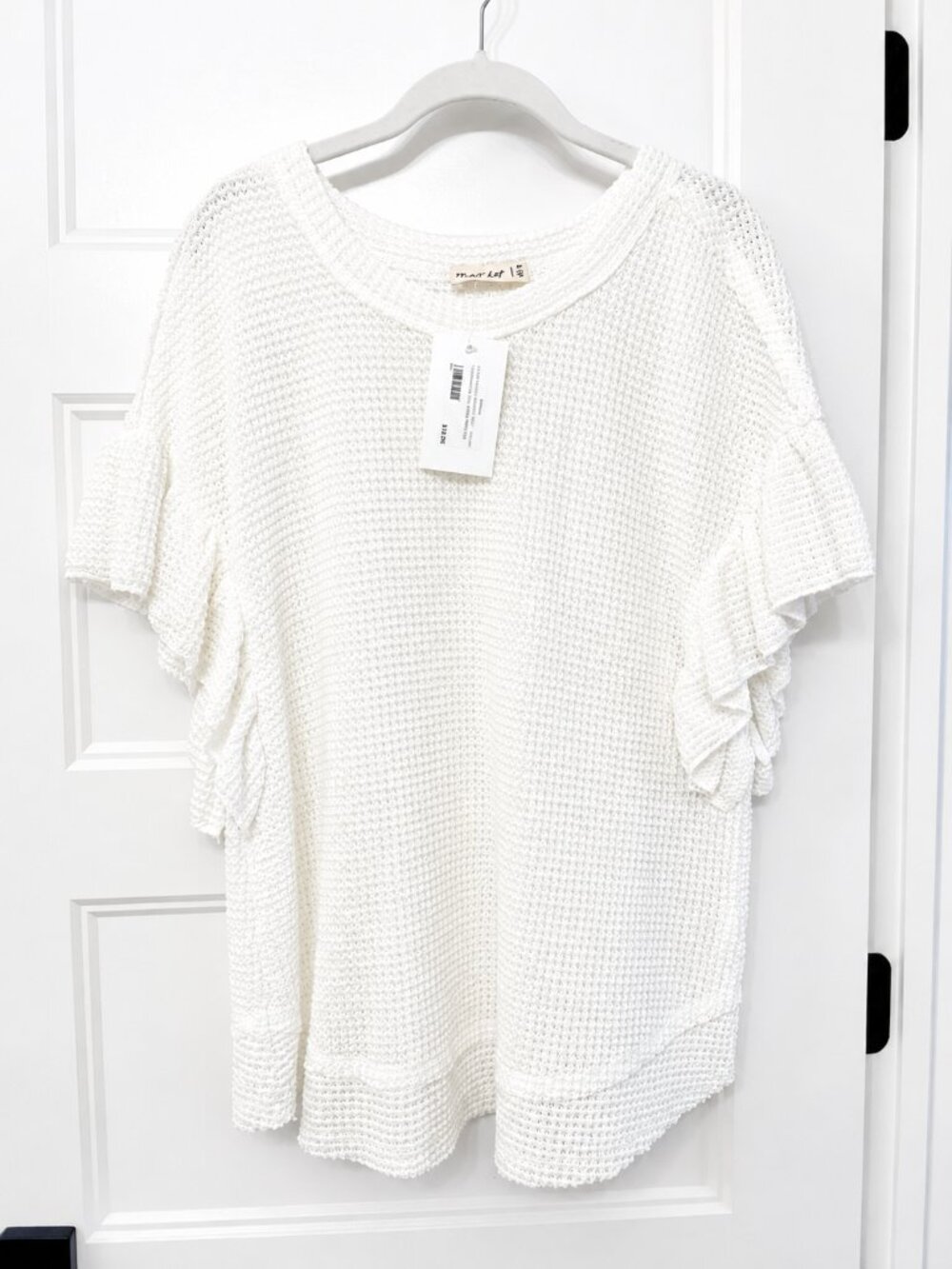 New In White Waffle Knit Short Sleeve Top with Ruffle Sleeves